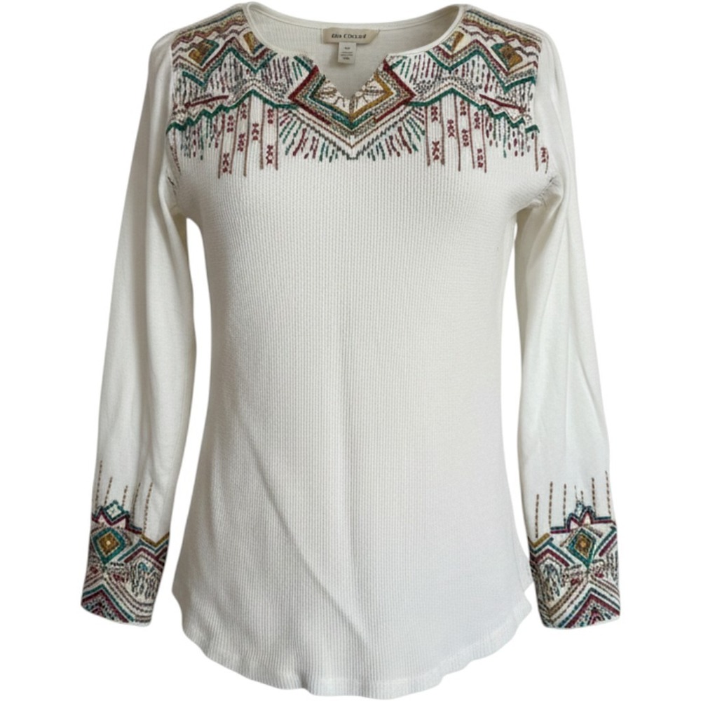 VTG Sundance Ivory Waffle Knit Embroidered Split Neck Thermal Top BohoSmall